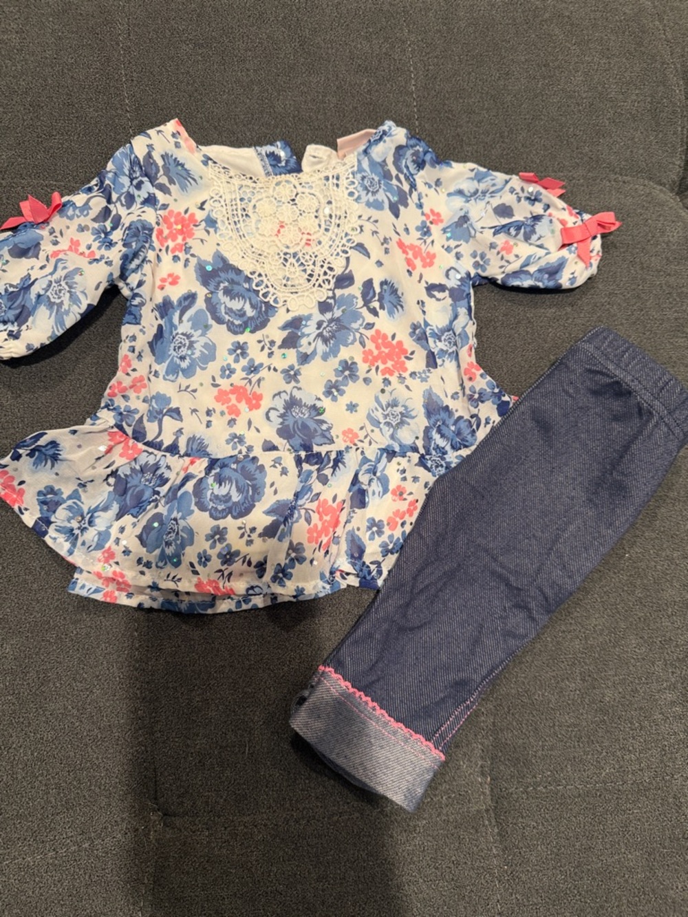 Floral Lace Front Peplum Top with Denim-Look Leggings